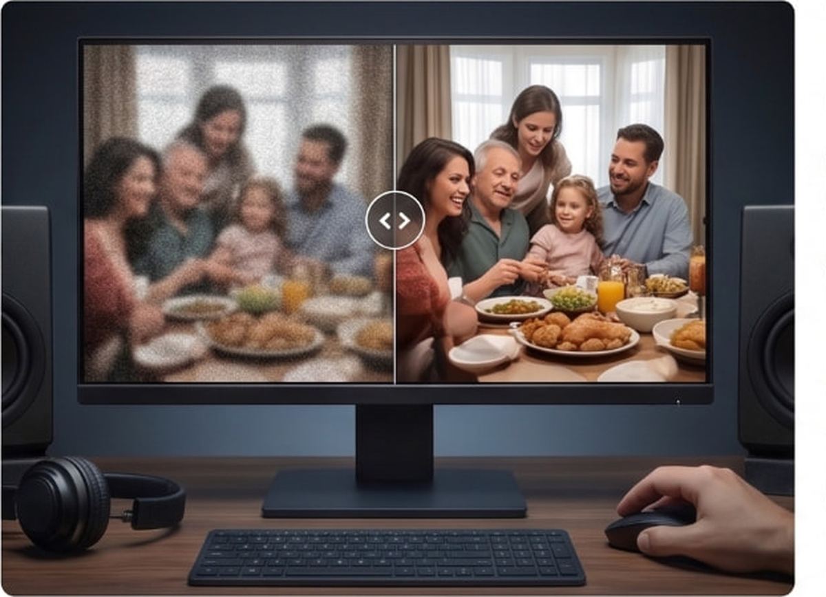 Split-screen on a monitor: grainy, blurry footage on the left and sharp, clean footage on the right